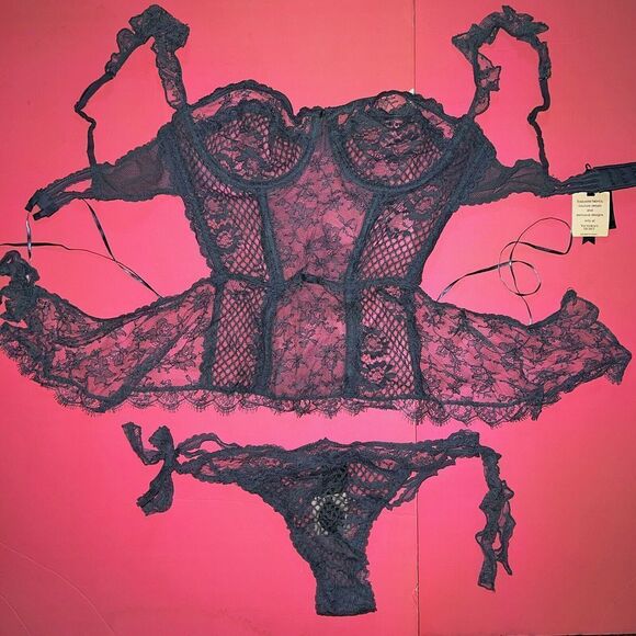 Victoria's Secret Other - Victoria's Secret Designer Collection 36C TEDDY bustier SET L eclipse BLUE lace